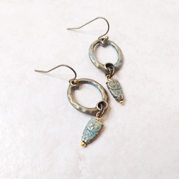 Handmade Owl Dangle Earrings!!! Shorter Patina Painted Bronze Owls - Bird Lovers - Picture 4 of 6